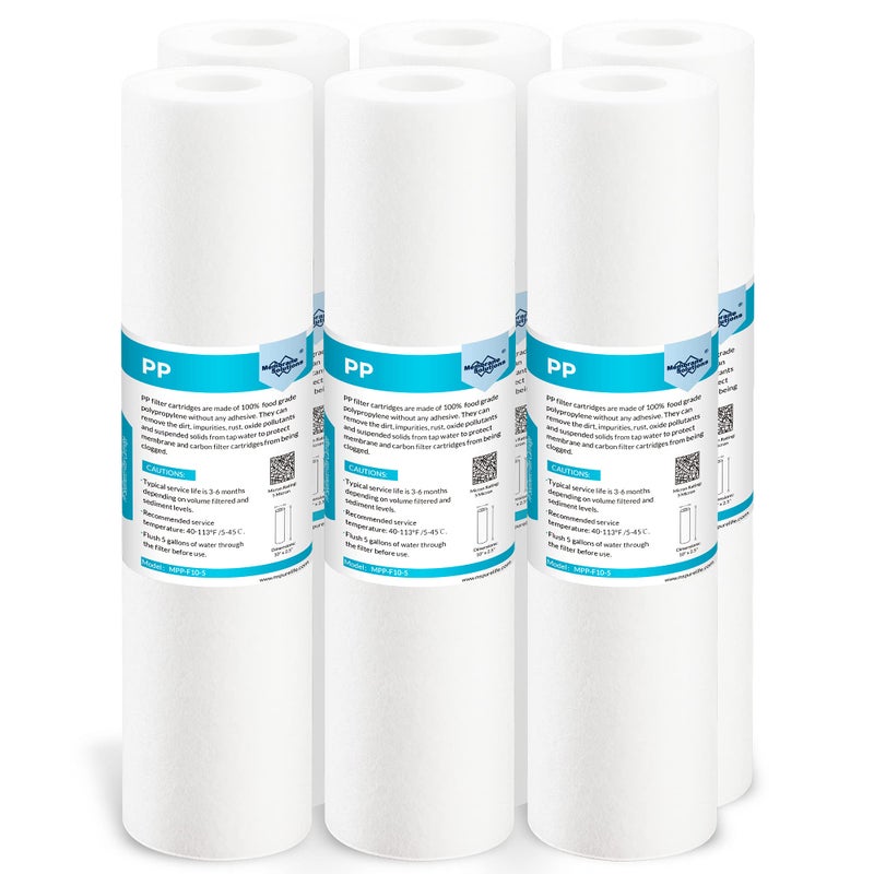 Membrane Solutions 5 Micron 10" x 2.5" Sediment Water Filter Replacement Cartridge for Any Water Filter 10 x 2.5 inch Whole House RO System, Compatible with GE FXUSC, AP110, WHKF-GD05-6 Pack - Image 1